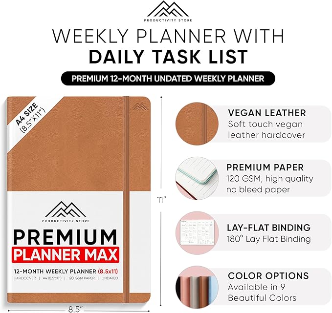 PRODUCTIVITY STORE Pro Max - Undated, 2025 Planner, 8.5" x 11" - The #1 Productivity Planner to Achieve Your 2025 Goals - Planner 2025-2026 - Brown - A4