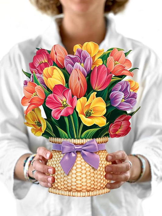 Freshcut Paper Pop Up Cards, Festive Tulips, 12 Inch Life Sized Forever Flower Bouquet 3D Popup Greeting Card, Birthday Cards, Thank You Card, Blank Notecard & Envelope