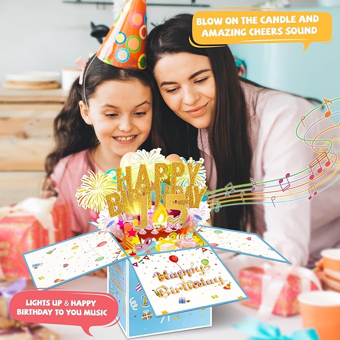 Tnvee 15TH Birthday Cards with Lights & Music & Candle, 3D Pop Up Singing Happy Birthday Greeting Cards Gfits for 15 Years Old Girl Boy Son Daughter