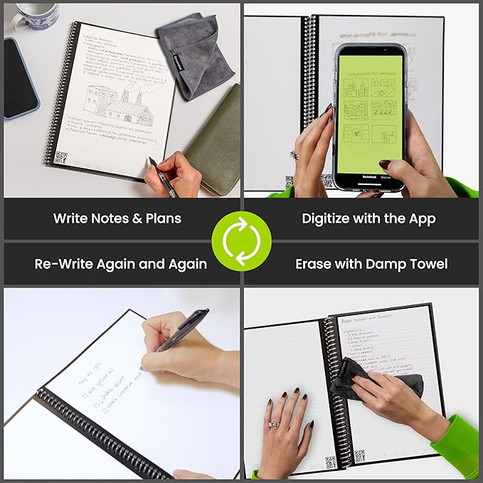 Rocketbook Core Reusable Spiral Notebook, Executive Size 6x8.8, Green - Lined Pages, App-Connected, Erasable, Durable Cover, Ideal for School, Work, and Creative Projects