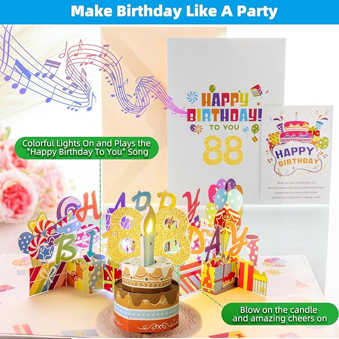 Gumry 88TH Musical Birthday PopUp Card, Blowable Colorful Light Candle 3D Cards with Song, Applause Cheers Sound, Greeting Cards Birthday Gifts Decorations for Women Men Turning 88 Years Old
