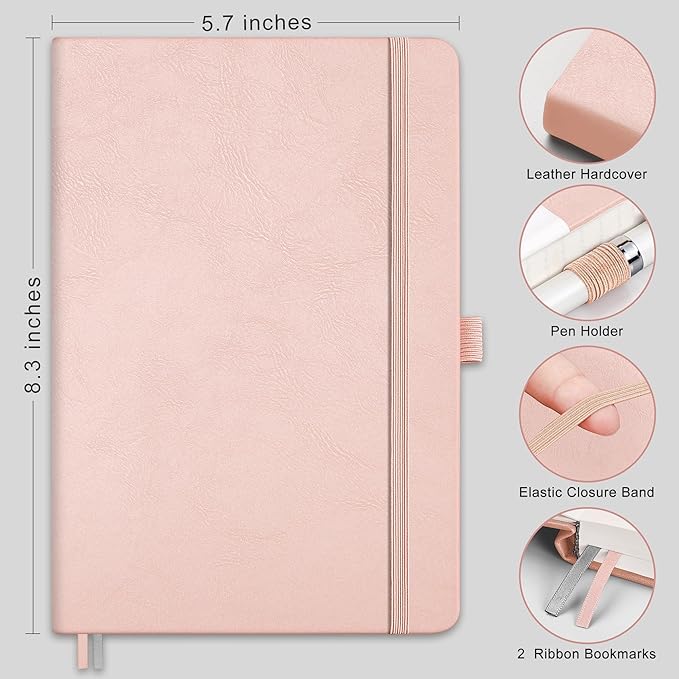 RETTACY Blank Journal Notebook, A5 Blank Journal with 192 Pages, 5.7'' × 8.3'' Medium Size, 68 LB/100 GSM Thick Paper, Leather Hardcover, for Sketching, Drawing, Painting (Rose Gold)