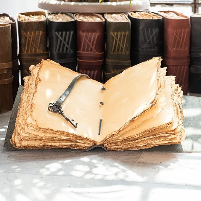 LEATHER VILLAGE Vintage Leather Journal – 200 Handmade Vintage Deckle Edge Paper – Leather bound Journal For Women Men – Vintage Key Closure - Book of Shadows - Blue - 8X6 inches (A5)