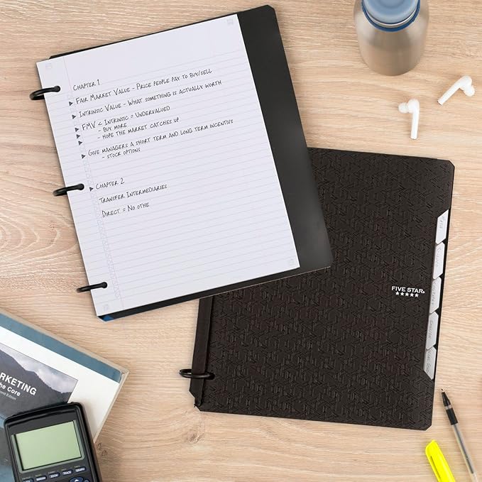 Five Star Flex Refillable Notebook + Study App, College Ruled Paper, 1 Inch TechLock Rings, Pockets, Tabs and Dividers, 200 Sheet Capacity, Black (29328AA2)