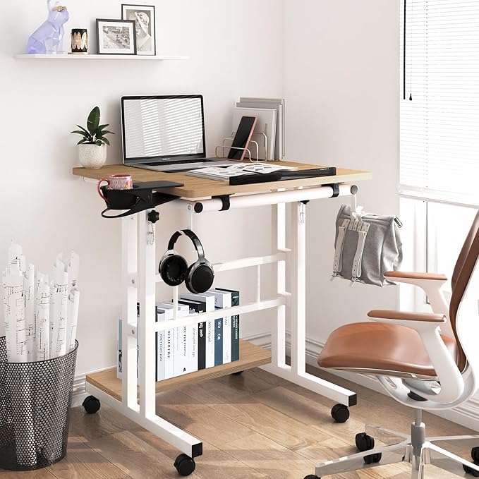 Klvied Mobile Standing Desk with Storage Bottom Shelf, Portable Stand Up Desk with Cup Holder, Adjustable Height Small Standing Desk, Rolling Desk with Wheels, Home Office Laptop Cart, Khaki