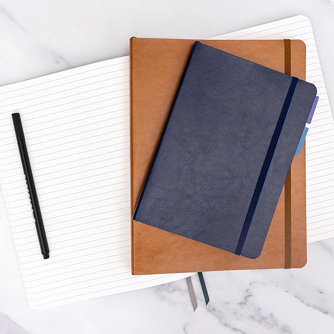 PAPERAGE 2-Pack Softcover Lined Journal Notebook (Black & Cognac), 176 Pages, Large B5 College Ruled Notebook, 7.6 inches x 10 inches - 100 GSM Thick Premium Paper, Soft Vegan Leather Journal for Home, Work & School