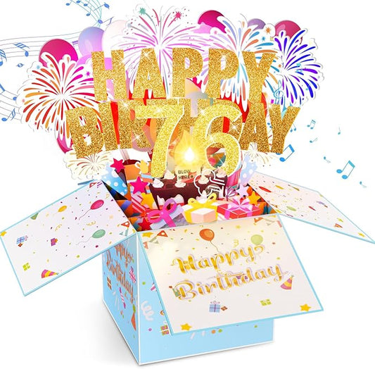 Tnvee 76TH Birthday Cards with Lights & Music & Candle, 3D Large Pop Up Happy Birthday Cards for Women Man Greeting Cards Decorations for 76 Years Old Mom Dad Grandparents