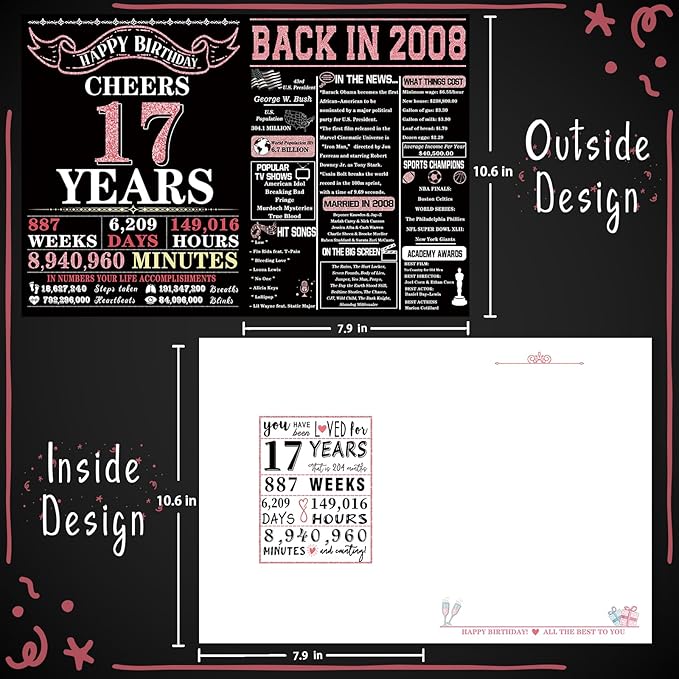 YiKaLus Jumbo 17th Birthday Card for Daughter Son, Happy 17 Year Old Girl Boy Bday Gift Ideas, Vintage Back In 2008 Decorations for Sister Brother