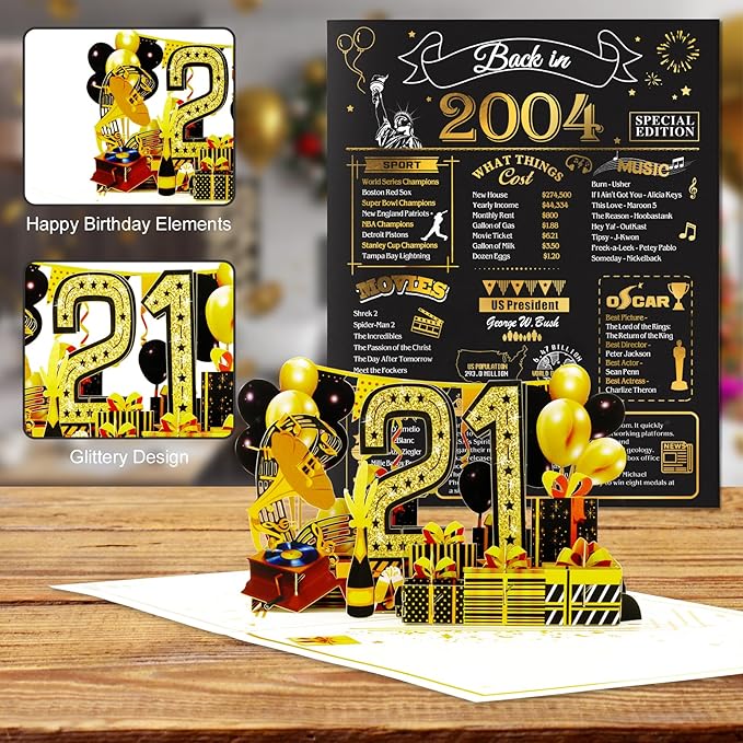 21st Birthday Card for Girls Boys, 3D Pop Up 21st Birthday Gifts Cards, Happy 21 Birthdays Decorations for 21 Year Old Son Daughter, Funny Back In 2004