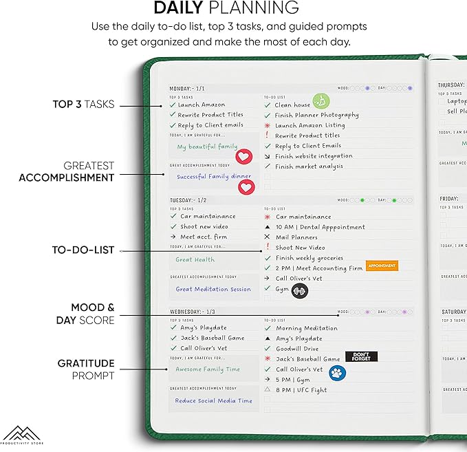 PRODUCTIVITY STORE Pro - Dated, 2025 Planner, 5.8” x 8.3” - The #1 Productivity Planner to Achieve Your 2025 Goals - Planner 2025-2026 - Green - A5