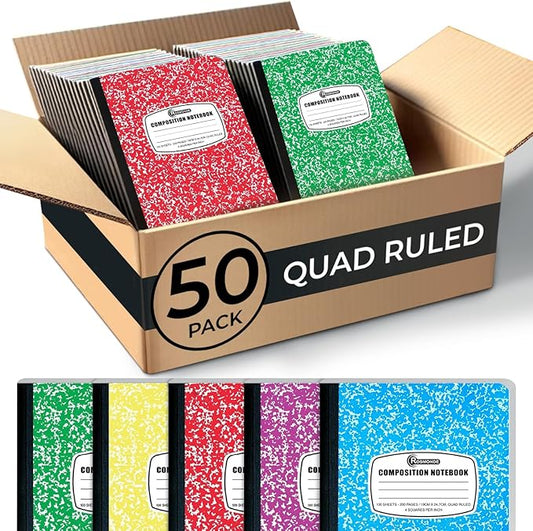 50 Pack Quad Ruled Composition Notebook, 200 Pages (100 Sheets) Bulk Graph Composition Notebook for School, Bulk Graphing Composition Notebook, Graph Ruled Composition Book, Assorted Colors