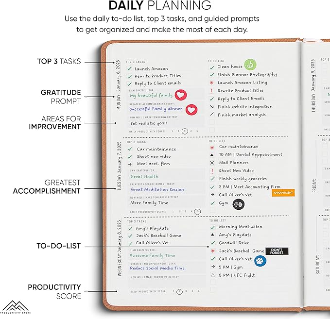 2025 Planner Pro 5.8 x 8.3 - Undated Productivity & Business Planner Notebook & Journal - Monthly Planner 2025 & Daily Planner 2025-2026 - A5 - Brown - Productivity Store
