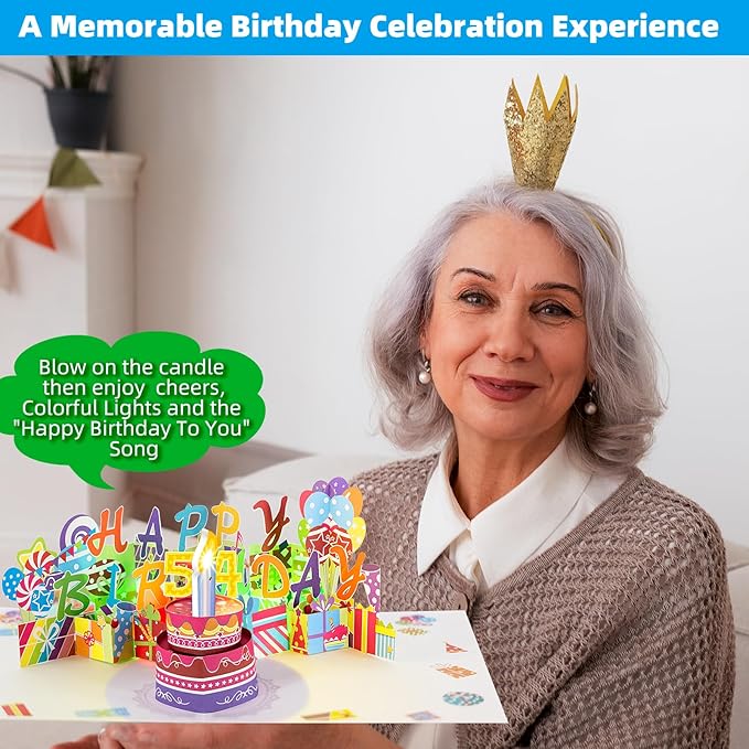 Gumry 54TH Musical Birthday PopUp Card, Blowable Colorful Light Candle 3D Cards with Song, Applause Cheers Sound, Greeting Cards Birthday Gifts Decorations for Women Men Turning 54 Years Old