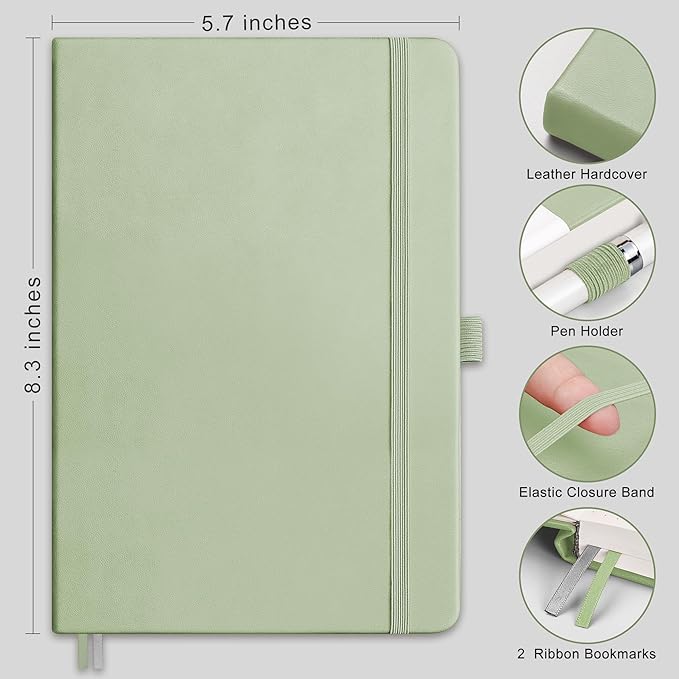 RETTACY Graph Paper Notebook, A5 Grid Notebook Journal with 192 Pages, 5.7'' × 8.3'', Medium Size, Leather Hardcover, 100 GSM Thick Paper, for Students, Homework, Math, Engineering (Light Green)