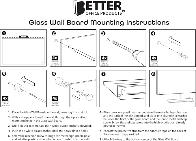Real Glass Dry Erase Monthly Calendar, Extra Large 24" x 36", Tempered Glass Surface, Frameless Wall Mount, with 4 Assorted Color Markers and Eraser, by Better Office Products (Bright White)