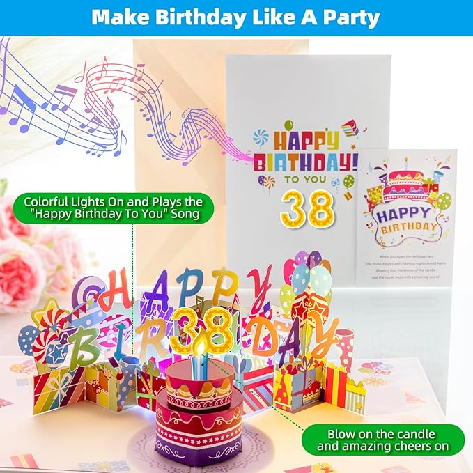 Gumry 38TH Musical Birthday PopUp Card, Blowable Colorful Light Candle 3D Cards with Song, Applause Cheers Sound, Greeting Cards Birthday Gifts Decorations for Women Men Turning 38 Years Old