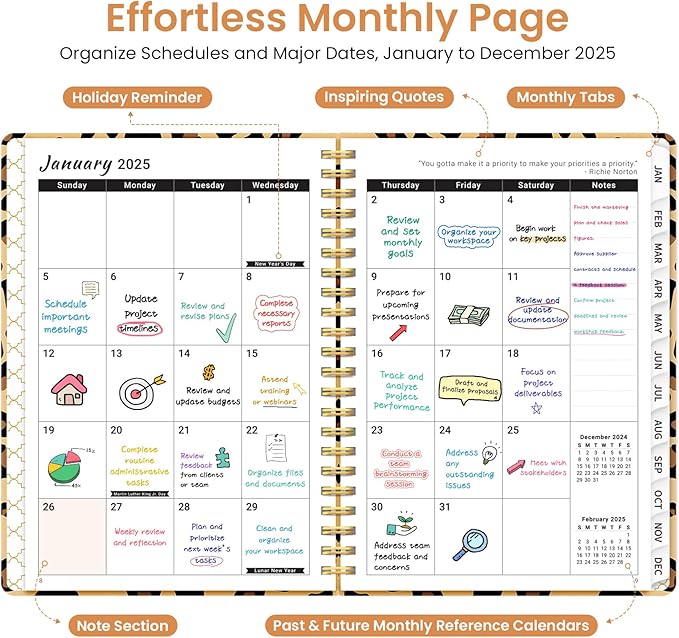2025 Planner Weekly and Monthly, Jan 2025 - Dec 2025, Hardcover 2025 Calendar Planner Book with Monthly Tabs, Inner Pocket, Aesthetic Planner 2025 for Office Home School Planning - A5 (6.3" x 8.5"), Spiral Bound, Leopard