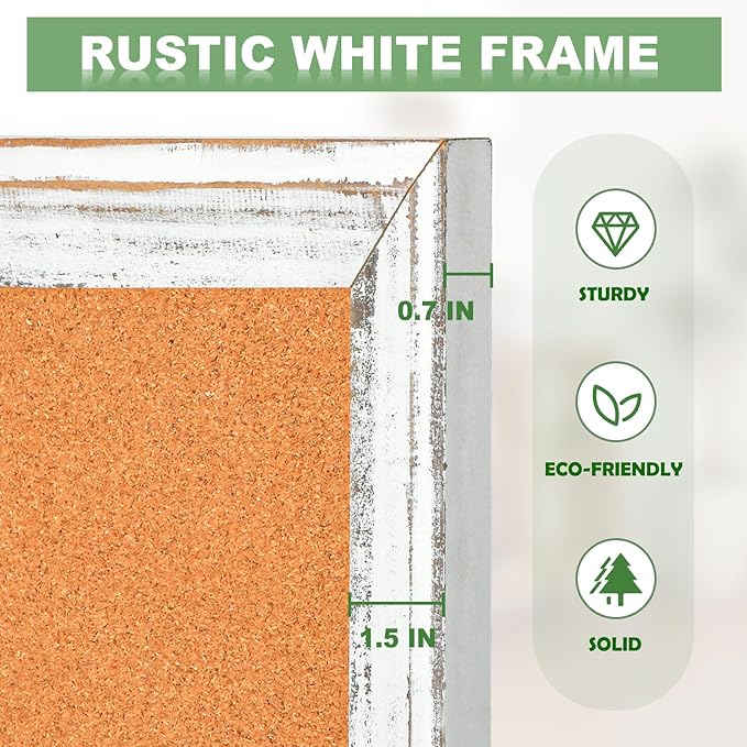 DOLLAR BOSS White Cork Board - 36 X 24 Inches, Rustic Wooden Frame, Decorative Vintage Hanging Pin Board for Office & Home Decor