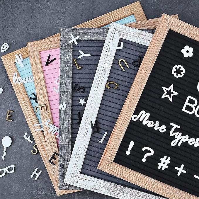 Felt Letter Board 12x16 Inch Rustic Wood Frame - Pre Cut & Sorted 725 Letters with Stand, Cursive Style Letters, Big Letters, Plastic Organizer, Shabby Chic Vintage Decor