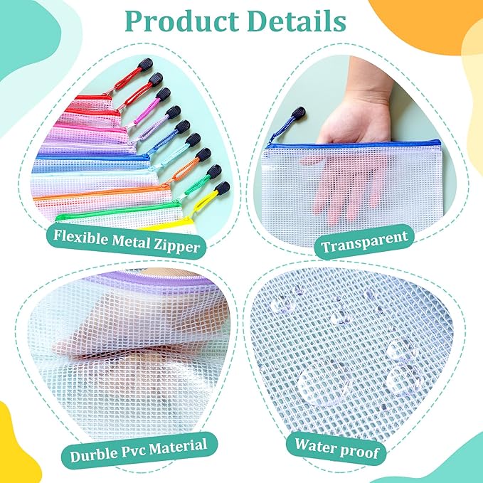 24pcs Mesh Bags With Zipper, A4 Zippered Pouch, Clear Pouches With Zipper, 8 Colors Mesh Zip Bags, Plastic Bags With Zipper, Letter Size Organization Pouches for Office, File, Toys, School