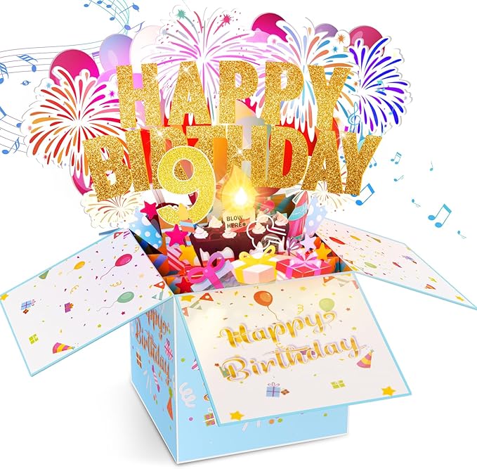 Tnvee 9TH Birthday Cards with Lights Music, 3D Pop Up Singing Happy Birthday Greeting Cards Gifts Ideal for 9 Year Old Kids Boy Girl