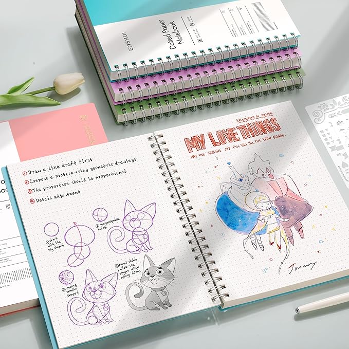 EMSHOI A4 Spiral Notebook Bullet Dotted Journal, 11.2" X 8.27", 300 Pages/150 Sheets, 100gsm Dot Grid Paper, Waterproof Softcover, Twin-Wire Binding, for School Work Writing Note Taking-Pink