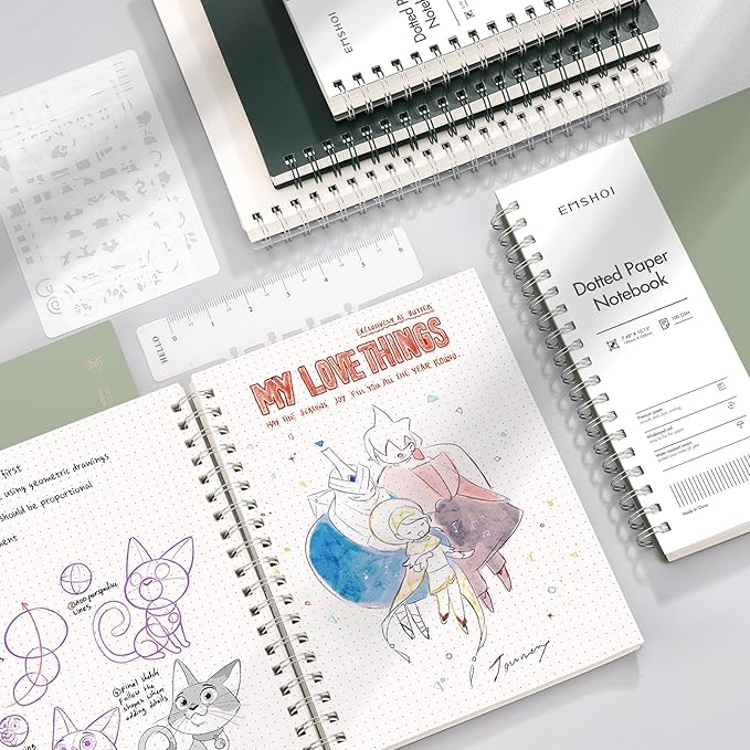EMSHOI Spiral Notebook Bullet Dotted Journal, A5 Dotted Grid Notebook with 300 Pages, 100gsm Thick Paper, Waterproof Softcover Notebook for School Work Writing, 5.7" × 8.22" - Dark Green