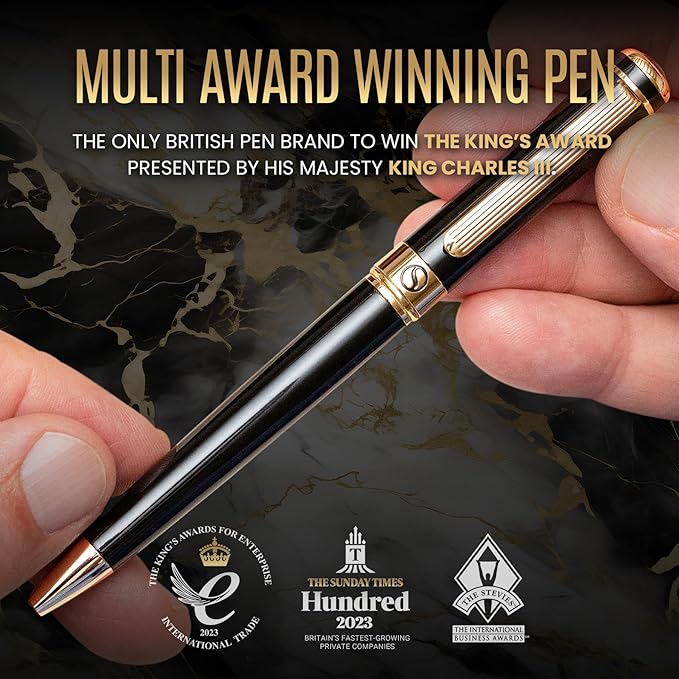Scriveiner Personalized Black Ballpoint Pen - Stunning Luxury Pen, Jet Black Lacquer, 24K Gold Finish, Schmidt Ink Refill, Best Engraved Ball Point Gift Set for Men & Women, Custom Name Engraving