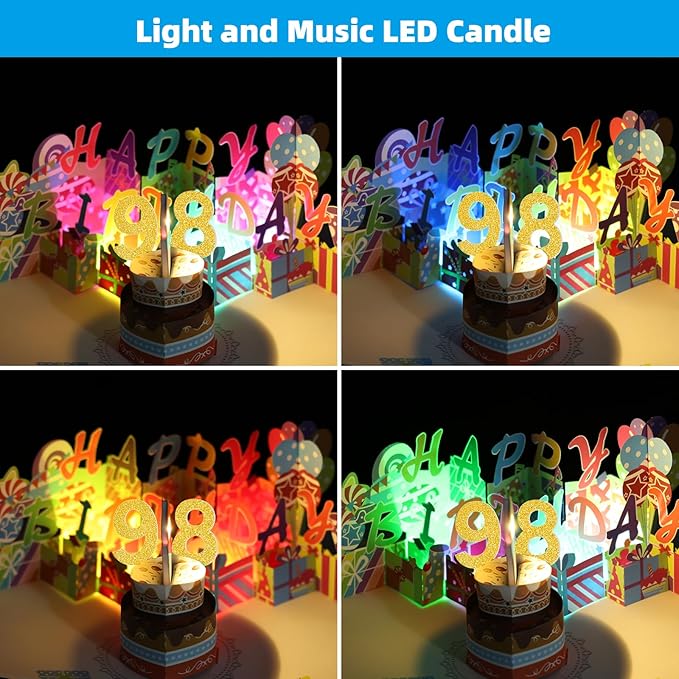 Gumry 98TH Musical Birthday PopUp Card, Blowable Colorful Light Candle 3D Cards with Song, Applause Cheers Sound, Greeting Cards Birthday Gifts Decorations for Women Men Turning 98 Years Old