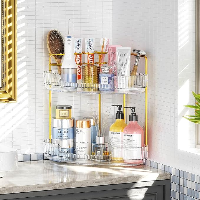 2-Tier Corner Bathroom Counter Organizer Makeup Cosmetic Storage, Tool-Free Installation Acrylic Vanity Shelf, Skin Care Organizer Perfume Tray for Countertop Bathroom, Dresser, Kitchen (Clear)