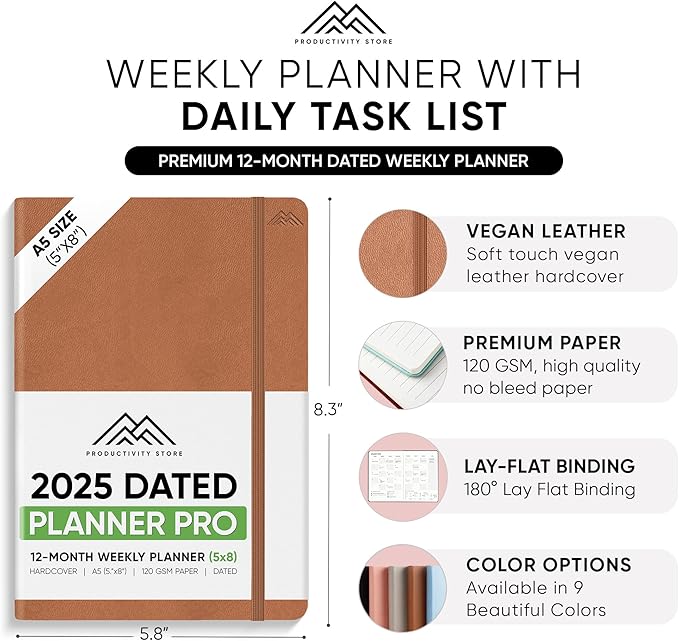 PRODUCTIVITY STORE Pro - Dated, 2025 Planner, 5.8” x 8.3” - The #1 Productivity Planner to Achieve Your 2025 Goals - Planner 2025-2026 - Brown - A5