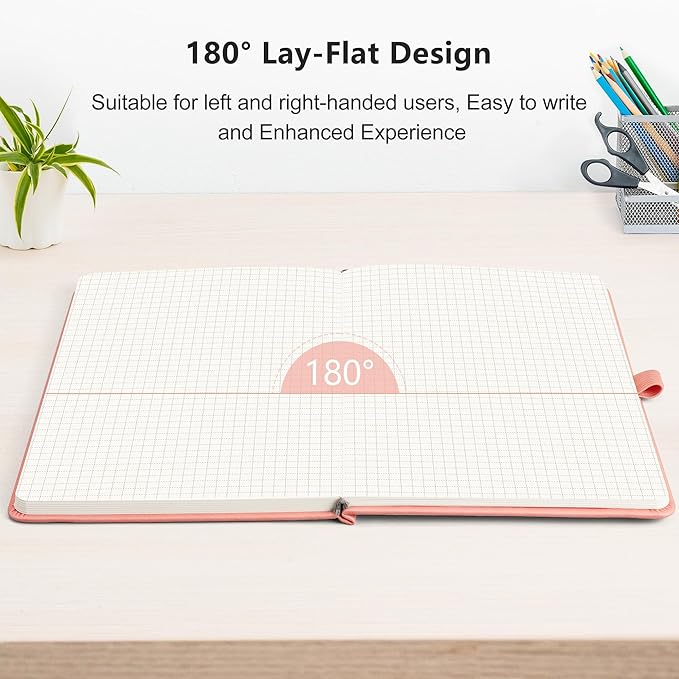 RETTACY Graph Paper Notebook, A5 Grid Notebook Journal with 192 Pages, 5.7'' × 8.3'', Medium Size, Leather Hardcover, 100 GSM Thick Paper, for Students, Homework, Math, Engineering (Pink)