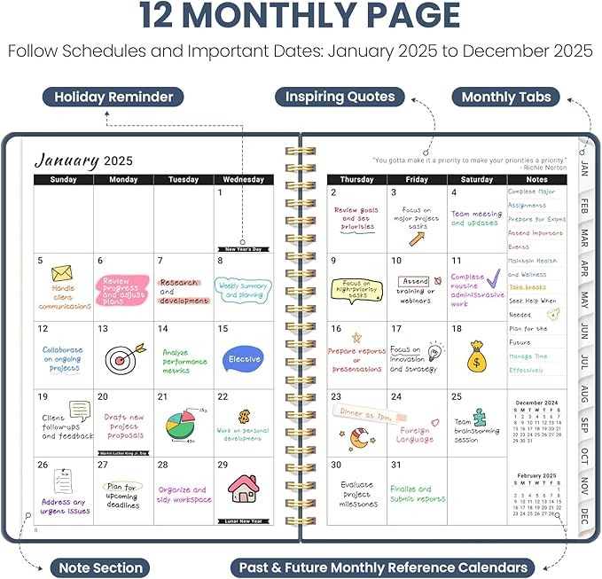 2025 Planner Weekly and Monthly, Jan 2025 - Dec 2025, Hardcover 2025 Calendar Planner Book with Monthly Tabs, Inner Pocket, Aesthetic Planner 2025 for Office Home School Planning - A5 (6.3" x 8.5"), Spiral Bound, Navy