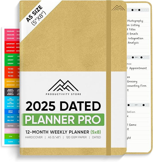 PRODUCTIVITY STORE Pro - Dated, 2025 Planner, 5.8” x 8.3” - The #1 Productivity Planner to Achieve Your 2025 Goals - Planner 2025-2026 - Cream - A5