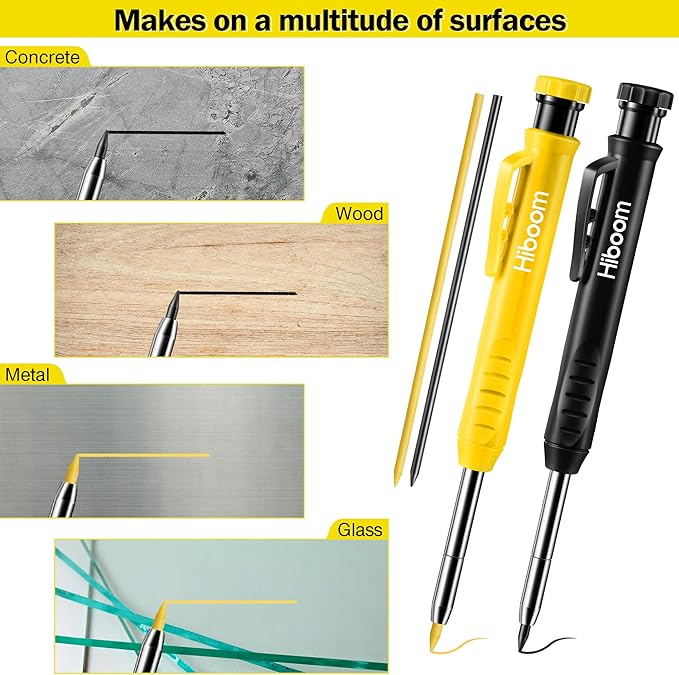 Hiboom 2 Pack Solid Carpenter Pencil with 14 Refill, Long Nosed Deep Hole Mechanical Pencil Marker with Built-in Sharpener for Carpenter Woodworking Architect with Design Patent (Black, Yellow)