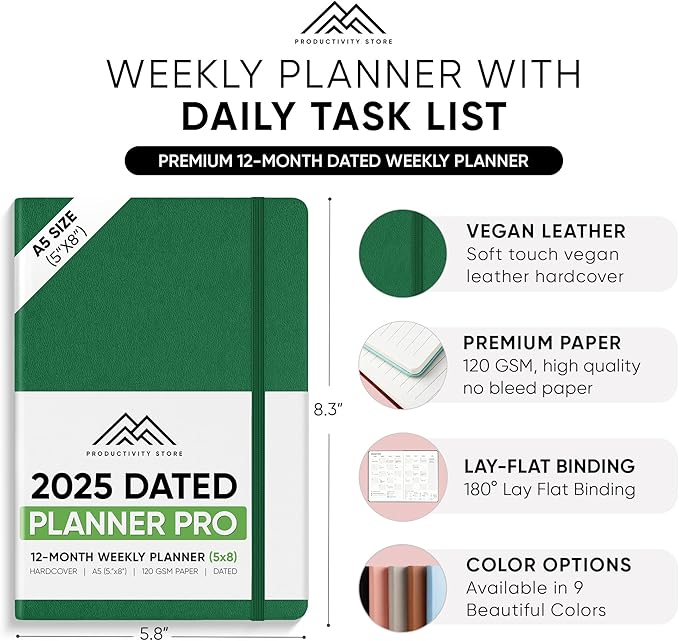 PRODUCTIVITY STORE Pro - Dated, 2025 Planner, 5.8” x 8.3” - The #1 Productivity Planner to Achieve Your 2025 Goals - Planner 2025-2026 - Green - A5