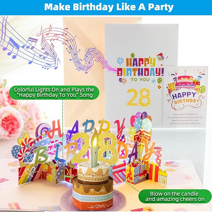 Gumry 28TH Musical Birthday PopUp Card, Blowable Colorful Light Candle 3D Cards with Song, Applause Cheers Sound, Greeting Cards Birthday Gifts Decorations for Women Men Turning 28 Years Old