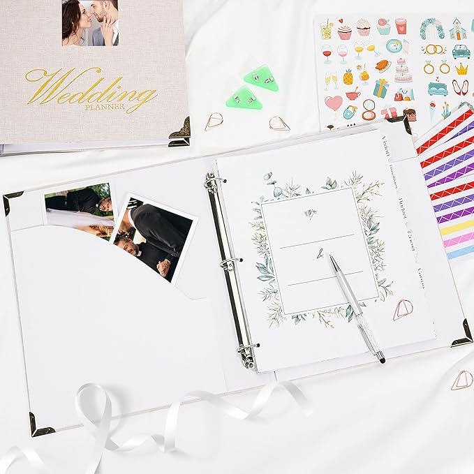 Vienrose Wedding Planner Book Organizer for the Bride, Gold Foil 'Wedding Planner' Linen Cover with Window Wedding Binder Engagement Gifts for Women Wedding Planning Book