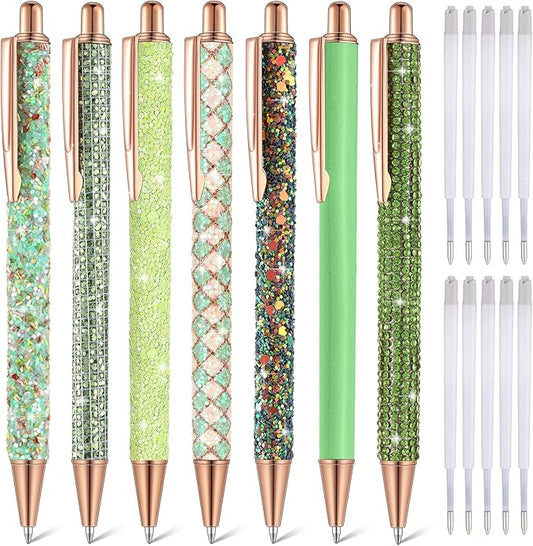Sherr 7 Pcs Fancy Pens for Women Cute Sparkly Glitter Pens with 10 Pcs Black Ink Refills Pretty Gifts for Girls Office School Christmas Graduation(Green,Fresh)