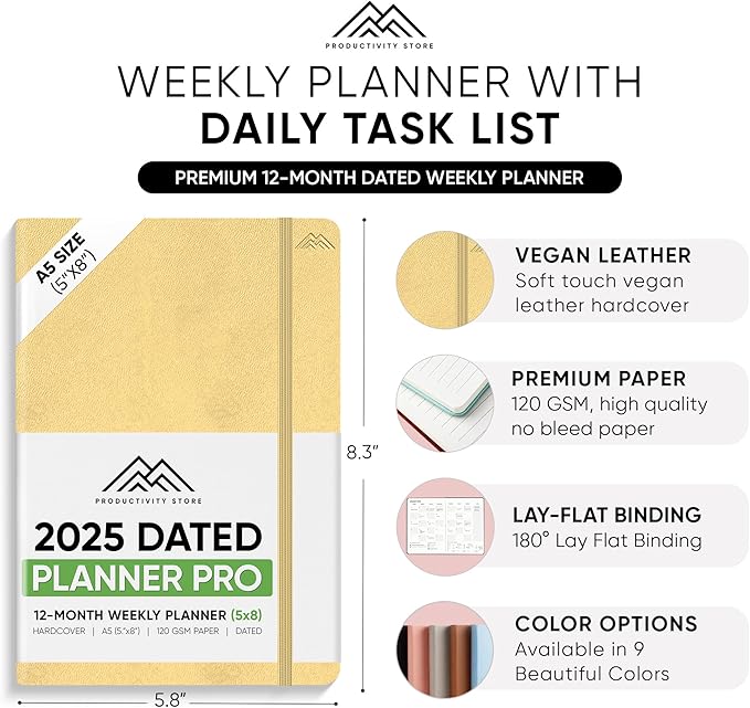 PRODUCTIVITY STORE Pro - Dated, 2025 Planner, 5.8” x 8.3” - The #1 Productivity Planner to Achieve Your 2025 Goals - Planner 2025-2026 - Cream - A5