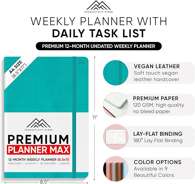 PRODUCTIVITY STORE Pro Max - Undated, 2025 Planner, 8.5" x 11" - The #1 Productivity Planner to Achieve Your 2025 Goals - Planner 2025-2026 - Teal - A4