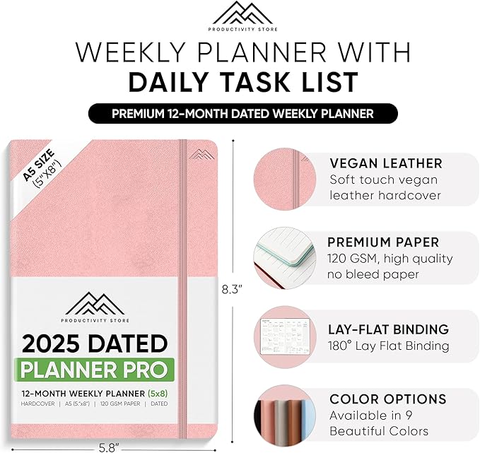 PRODUCTIVITY STORE Pro - Dated, 2025 Planner, 5.8” x 8.3” - The #1 Productivity Planner to Achieve Your 2025 Goals - Planner 2025-2026 - Pink - A5
