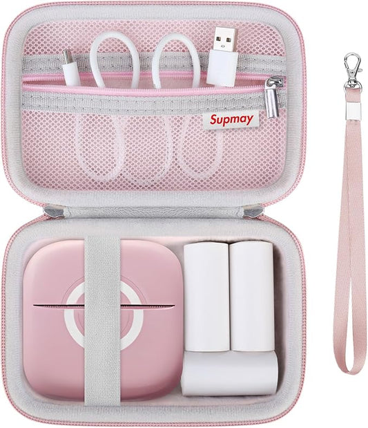 Hard Travel Case for Cabaro Mini Printer Sticker Thermal Printer, Bluetooth Portable Phone Printer Storage Holder Protection Case with Zipper Mesh Pocket fit Rolls Paper, Charging Cable, Pink