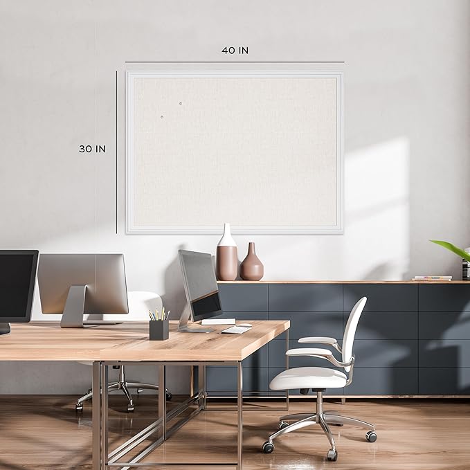 U Brands Farmhouse Linen Bulletin Board, 40"x30", White Wood Style Frame, Industrial Grade Pinning Surface