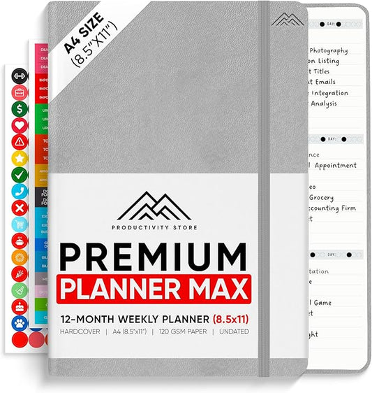 PRODUCTIVITY STORE Pro Max - Undated, 2025 Planner, 8.5" x 11" - The #1 Productivity Planner to Achieve Your 2025 Goals - Planner 2025-2026 - Grey - A4