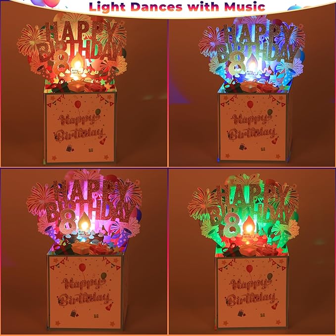 Tnvee 8TH Birthday Cards with Lights Music, 3D Pop Up Singing Happy Birthday Greeting Cards Gifts Ideal for 8 Year Old Kids Boy Girl