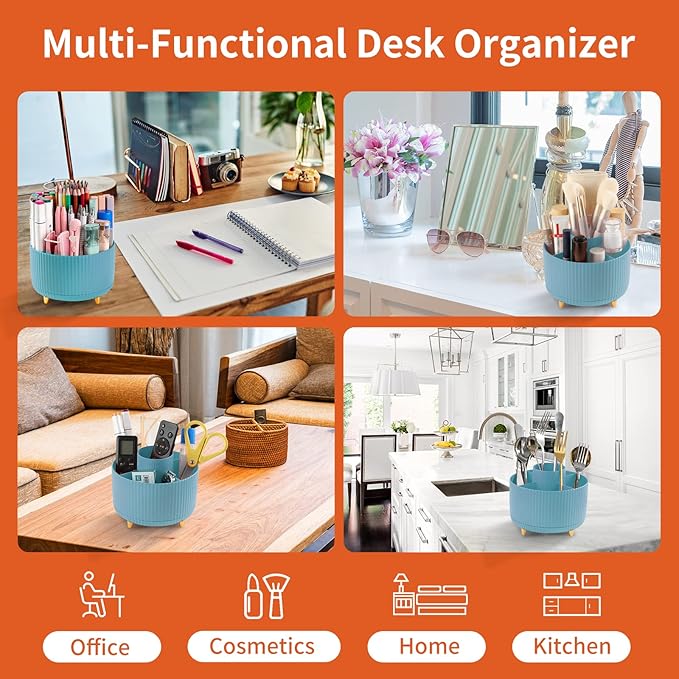 Desk Pencil Pen Holder, 5 Slots 360°Degree Rotating Pencil Pen Organizers for Desk, Desktop Storage Stationery Supplies Organizer, Cute Pencil Cup Pot for Office, School, Home, Art Supply, Blue
