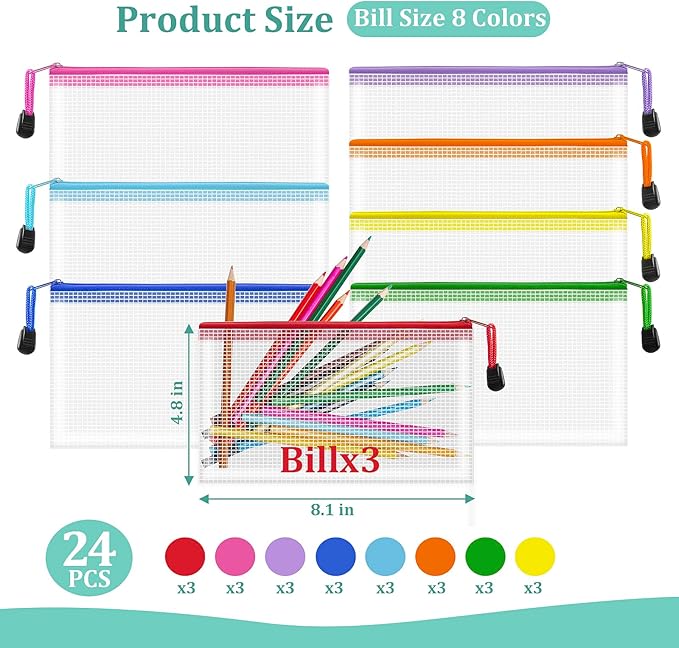 24pcs Mesh Zipper Pouch Bags Small, Pencil Bags With Zipper, 8.1x4.8 Inches Zipper Pencil Pouch, 8 Colors Pencil Pouch Bulk, Reusable Pencil Bags for Office Supplies and Travel Storage