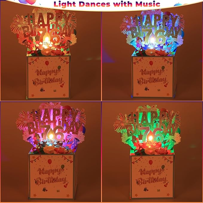 Tnvee 76TH Birthday Cards with Lights & Music & Candle, 3D Large Pop Up Happy Birthday Cards for Women Man Greeting Cards Decorations for 76 Years Old Mom Dad Grandparents