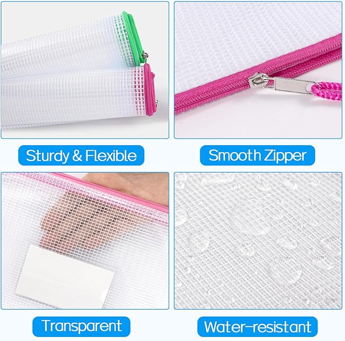 Sooez 14 Pack Mesh Zipper Pouch Bags, A4 Letter Size, Zipper Bags with Label Pocket, Waterproof Zipper Pouches for Classroom Organization, Board Game Storage, Document Bag for Office School Supplies